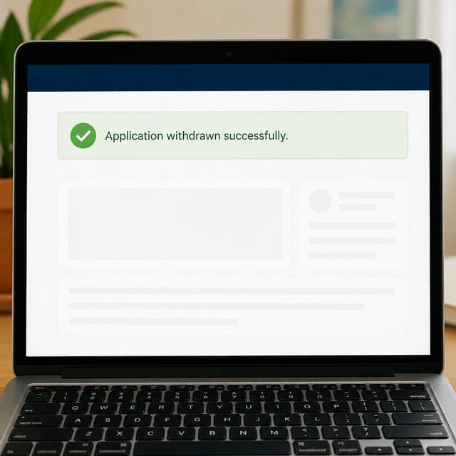 Charming ink and watercolor painting, clean lines, vibrant but soft color palette, storybook style. A close-up photo of a laptop screen showing a simple scholarship portal webpage. A green confirmation banner is visible at the top of the screen. Visible text: "Application withdrawn successfully." No other readable text.