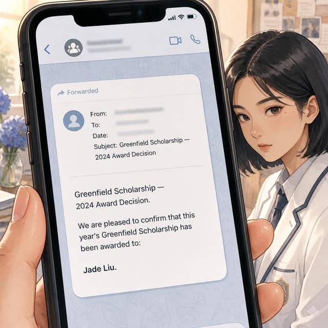 Charming ink and watercolor painting, clean lines, vibrant but soft color palette, storybook style. A close-up photo of a phone screen showing a forwarded email in a group chat. The email header is visible. Visible text: "Greenfield Scholarship — 2024 Award Decision. We are pleased to confirm that this year's Greenfield Scholarship has been awarded to: Jade Liu." No other readable text
Character consistency instruction: preserve these exact recurring appearance details: Jade: gender: Female; age: 17; skin tone: Light; hair color: Sleek straight black; hair style: Sleek bob cut just below her chin; eye color: Sharp intelligent dark eyes; clothing: A crisp, structured white school blazer over a formal shirt.; other features: Composed expression with one eyebrow slightly raised, East Asian heritage. Do not add readable text unless the prompt explicitly asks for visible text.