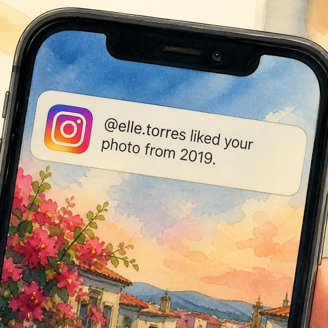 Charming ink and watercolor painting, clean lines, vibrant but soft color palette, storybook style. A close-up photo of a phone screen showing an Instagram notification. Visible text: "@elle.torres liked your photo from 2019." No other readable text.