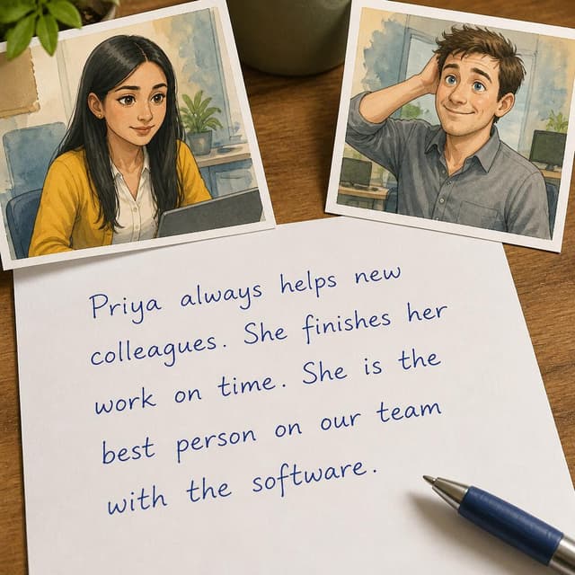 Charming ink and watercolor painting, clean lines, vibrant but soft color palette, storybook style. A close-up photo of a handwritten note on plain white paper, placed on a wooden desk. The handwriting is neat and blue ink. Visible text: "Priya always helps new colleagues. She finishes her work on time. She is the best person on our team with the software." No other readable text
Character consistency instruction: preserve these exact recurring appearance details: Priya: gender: Female; age: 28; skin tone: Light brown; hair color: Black; hair style: Long, smooth, and straight; eye color: Warm brown; clothing: A mustard yellow cardigan worn over a simple white blouse and small gold stud earrings.; other features: Friendly expression but with slightly stressed eyes. Dan: gender: Male; age: 32; skin tone: Pale; hair color: Brown; hair style: Short and messy; eye color: Blue; clothing: A grey office shirt with the top button open and dark slacks.; other features: Often has a cheerful and slightly clueless look on his face. Do not add readable text unless the prompt explicitly asks for visible text.