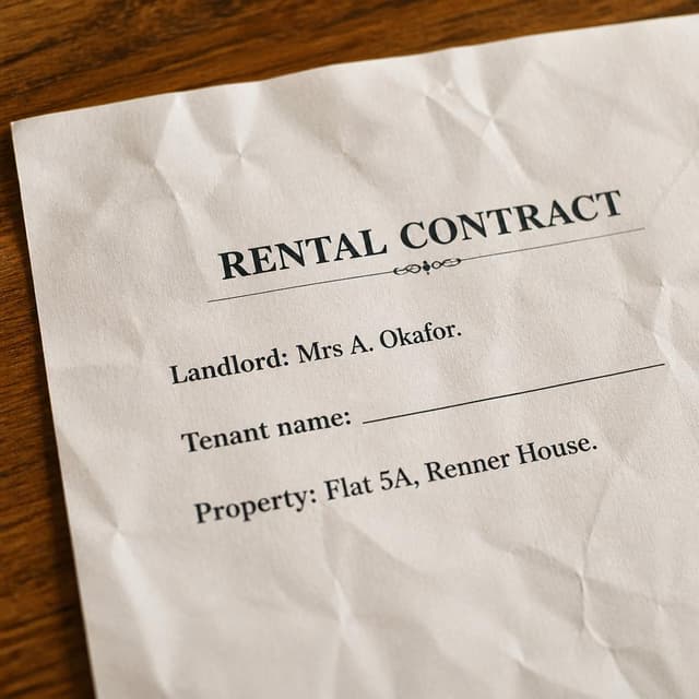 Charming ink and watercolor painting, clean lines, vibrant but soft color palette, storybook style. A close-up photo of a printed rental contract document on a table. The paper is slightly crumpled. Visible text: 'Landlord: Mrs A. Okafor. Tenant name: [blank]. Property: Flat 5A, Renner House.' No other readable text.
