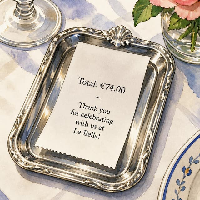 Charming ink and watercolor painting, clean lines, vibrant but soft color palette, storybook style. A close-up photo of a restaurant bill on a small silver tray. Visible text: "Total: €74.00 — Thank you for celebrating with us at La Bella!" No other readable text.