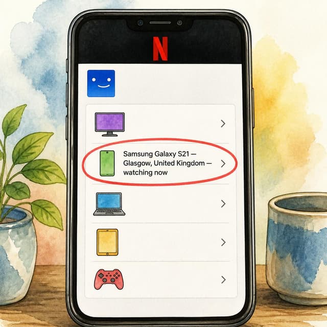 Charming ink and watercolor painting, clean lines, vibrant but soft color palette, storybook style. A phone screen showing a Netflix account settings page with a list of active devices. One device entry is highlighted with a red circle drawn around it. Visible text: "Samsung Galaxy S21 — Glasgow, United Kingdom — watching now". No other readable text.