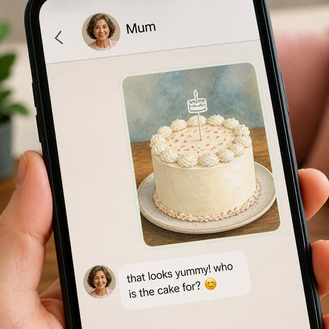 Charming ink and watercolor painting, clean lines, vibrant but soft color palette, storybook style. A close-up photo of a phone screen showing a chat message thread. The chat shows one sent image message with a small white birthday cake icon. Visible text: "Mum" at the top of the chat screen and below the image: "that looks yummy! who is the cake for? 😊". No other readable text
Character consistency instruction: preserve these exact recurring appearance details: Mum: gender: Female; age: 50; skin tone: Light tan; hair color: Grey-brown; hair style: Short and wavy; eye color: Warm brown; clothing: A soft pink knitted cardigan over a white blouse.; other features: Kind and gentle smile with subtle laugh lines. Do not add readable text unless the prompt explicitly asks for visible text.