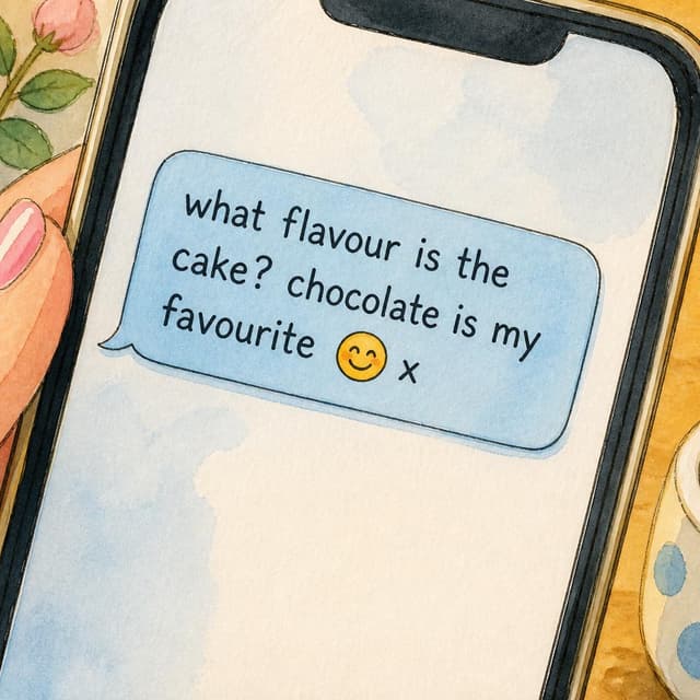Charming ink and watercolor painting, clean lines, vibrant but soft color palette, storybook style. A close-up photo of a phone screen showing a text message chat. Visible text: "what flavour is the cake? chocolate is my favourite 😊 x". No other readable text.