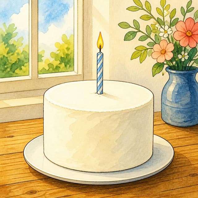 Charming ink and watercolor painting, clean lines, vibrant but soft color palette, storybook style. A simple round white birthday cake on a plain wooden table, with a single lit candle on top. No decorations, no text on the cake. Clean and sweet.