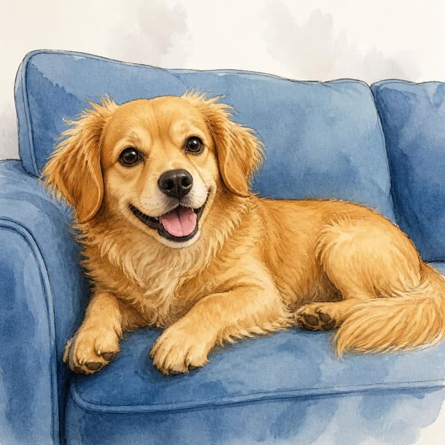 Charming ink and watercolor painting, clean lines, vibrant but soft color palette, storybook style. A photo of a small golden dog lying on a soft blue couch, looking happy and relaxed. No people visible. Clean background, no text
Character consistency instruction: preserve these exact recurring appearance details: Tom: gender: Male; age: 28; skin tone: Fair; hair color: Brown; hair style: Short and messy; eye color: Blue; clothing: A simple grey crew-neck t-shirt.; other features: Light facial stubble and a slightly guilty facial expression. Do not add readable text unless the prompt explicitly asks for visible text.