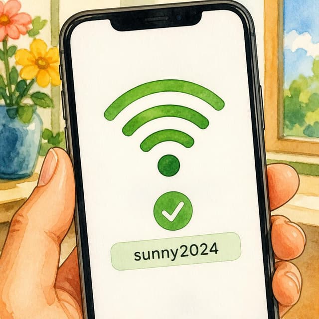 Charming ink and watercolor painting, clean lines, vibrant but soft color palette, storybook style. A close-up photo of a phone screen showing a wifi connection success, a strong signal icon in green, connected. Visible text: "sunny2024". No other readable text.