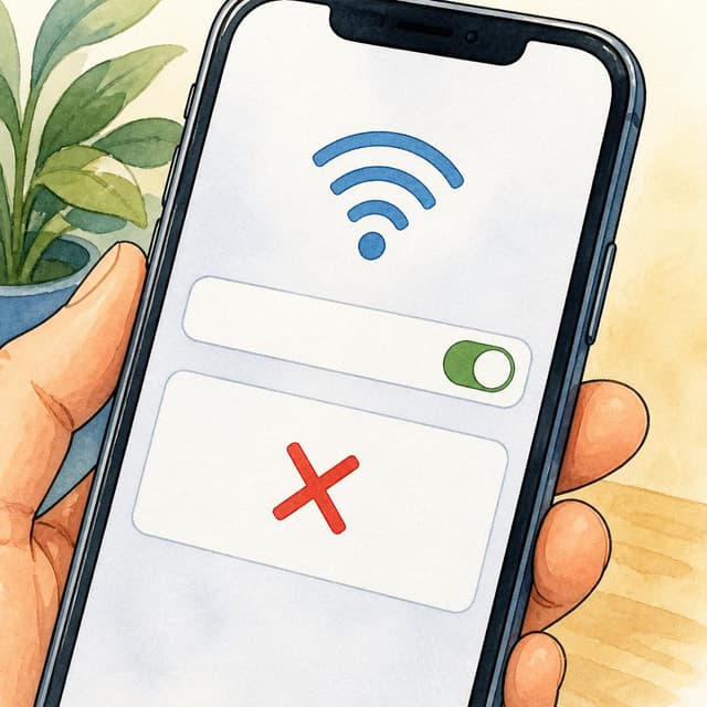 Charming ink and watercolor painting, clean lines, vibrant but soft color palette, storybook style. A close-up photo of a phone screen showing a wifi settings page with no connection, a red X icon visible, no network connected. Blank surfaces, no readable text.