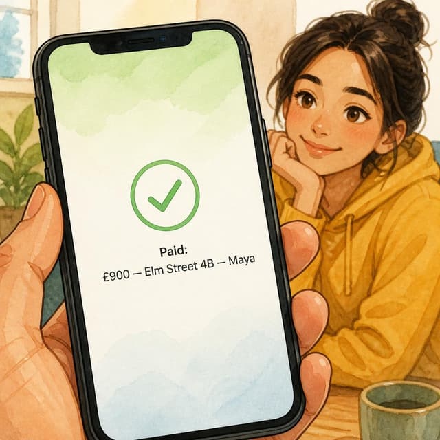 Charming ink and watercolor painting, clean lines, vibrant but soft color palette, storybook style. A close-up photo of a phone screen showing a bank transfer confirmation. Visible text: "Paid: £900 — Elm Street 4B — Maya". No other readable text
Character consistency instruction: preserve these exact recurring appearance details: Maya: gender: Female; age: 25; skin tone: Medium-light tan; hair color: Dark brown; hair style: Short hair tied in a small bun; eye color: Warm brown; clothing: A mustard yellow hoodie.; other features: Friendly, expressive face. Do not add readable text unless the prompt explicitly asks for visible text.