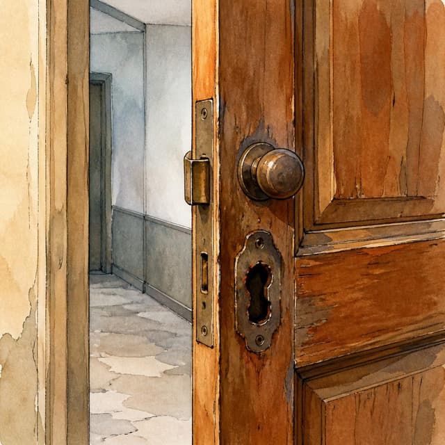 Charming ink and watercolor painting, clean lines, vibrant but soft color palette, storybook style. A photo of an old wooden apartment door with a small, rusty, broken door lock. The door is slightly open, pale grey hallway visible behind it. No readable text.