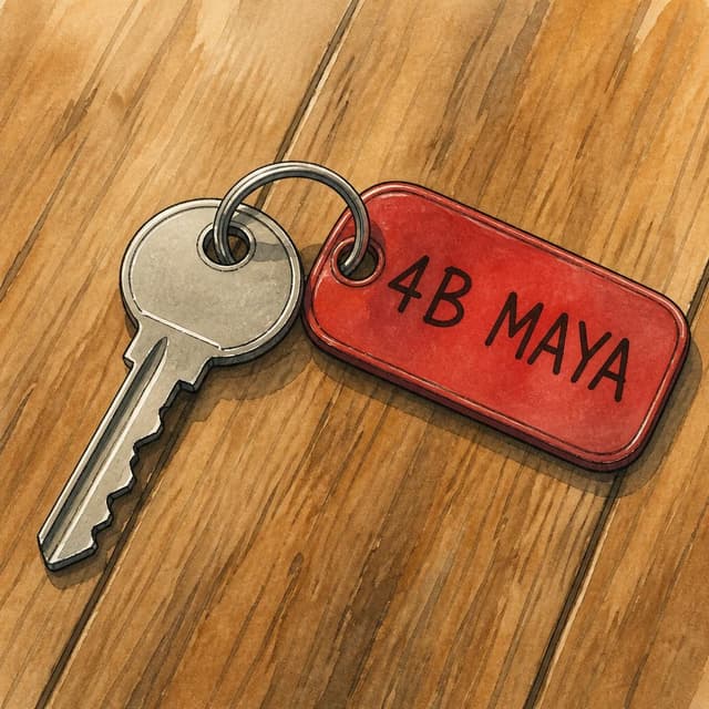 Charming ink and watercolor painting, clean lines, vibrant but soft color palette, storybook style. A close-up photo taken on a wooden floor, showing a single silver apartment key with a small red tag. Visible text: "4B MAYA" on the red tag. No other readable text
Character consistency instruction: preserve these exact recurring appearance details: Maya: gender: Female; age: 25; skin tone: Medium-light tan; hair color: Dark brown; hair style: Short hair tied in a small bun; eye color: Warm brown; clothing: A mustard yellow hoodie.; other features: Friendly, expressive face. Do not add readable text unless the prompt explicitly asks for visible text.