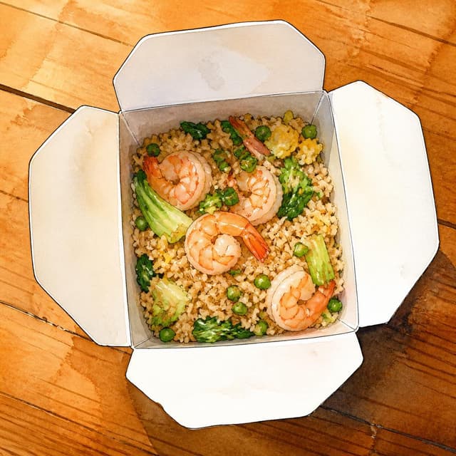 Charming ink and watercolor painting, clean lines, vibrant but soft color palette, storybook style. A photo taken from above of an open takeaway container on a wooden table. Inside is fried rice with prawns and green vegetables. No text visible on surfaces. Warm kitchen light.