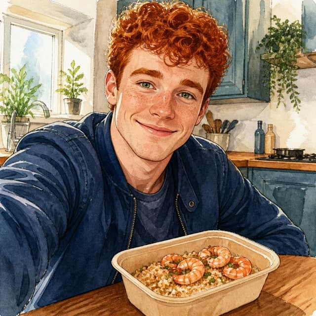 Charming ink and watercolor painting, clean lines, vibrant but soft color palette, storybook style. A selfie photo of a young man, around 26, with short curly red hair, green eyes, fair freckled skin, wearing a dark blue jacket, sitting at a kitchen table with a takeaway container of rice and prawns in front of him. He is smiling warmly. No text visible
Character consistency instruction: preserve these exact recurring appearance details: Sam: gender: Male; age: 26; skin tone: Fair with freckles; hair color: Red; hair style: Short and curly; eye color: Green; clothing: A dark blue casual jacket over a simple shirt.; other features: Kind and amused expression with light freckles across the nose. Do not add readable text unless the prompt explicitly asks for visible text.