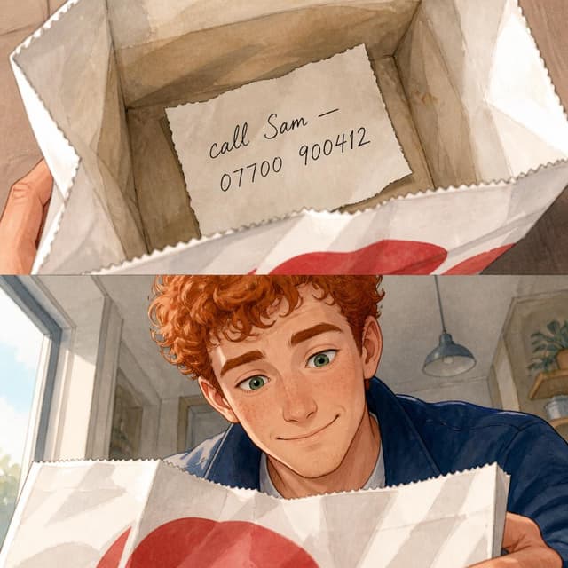 Charming ink and watercolor painting, clean lines, vibrant but soft color palette, storybook style. A close-up photo of a small handwritten note lying inside an open takeaway bag. Visible text: "call Sam — 07700 900412". No other readable text. The bag is white paper with a red logo shape. The note is on a torn piece of paper
Character consistency instruction: preserve these exact recurring appearance details: Sam: gender: Male; age: 26; skin tone: Fair with freckles; hair color: Red; hair style: Short and curly; eye color: Green; clothing: A dark blue casual jacket over a simple shirt.; other features: Kind and amused expression with light freckles across the nose. Do not add readable text unless the prompt explicitly asks for visible text.