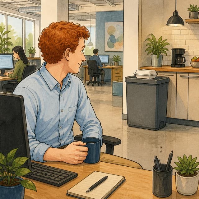 Charming ink and watercolor painting, clean lines, vibrant but soft color palette, storybook style. A photo taken from a desk looking across an open office toward a large grey bin. A white food container with a lid is sitting on top of the bin. The bin is near a kitchen counter. No readable text
Character consistency instruction: preserve these exact recurring appearance details: Dan: gender: Male; age: 32; skin tone: Pale; hair color: Red; hair style: Short and curly; eye color: Green; clothing: A light blue button-down shirt and casual khaki pants.; other features: Kind face, sits at a desk with a clear view of the office kitchen. Do not add readable text unless the prompt explicitly asks for visible text.