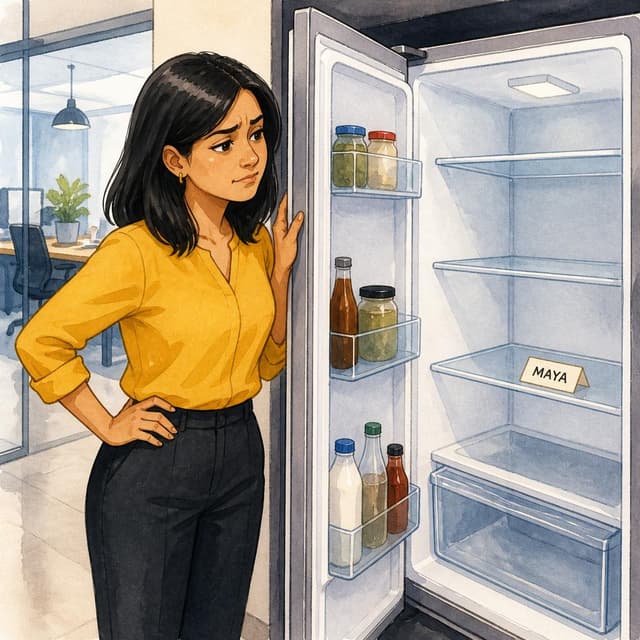 Charming ink and watercolor painting, clean lines, vibrant but soft color palette, storybook style. A photo of an open office fridge with one empty shelf. A small paper label on the shelf reads 'MAYA'. No food is on the shelf. No other readable text
Character consistency instruction: preserve these exact recurring appearance details: Maya: gender: Female; age: 28; skin tone: Light brown; hair color: Black; hair style: Shoulder-length and straight; eye color: Warm brown; clothing: A vibrant mustard yellow blouse and professional dark trousers.; other features: Friendly expression, often seen looking frustrated or relieved. Do not add readable text unless the prompt explicitly asks for visible text.