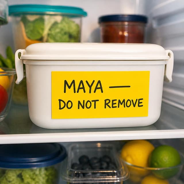 Charming ink and watercolor painting, clean lines, vibrant but soft color palette, storybook style. A close-up photo of a white lunch box in a fridge. A large, bright yellow sticky label is on the front of the box. Visible text: 'MAYA — DO NOT REMOVE'. No other readable text
Character consistency instruction: preserve these exact recurring appearance details: Maya: gender: Female; age: 28; skin tone: Light brown; hair color: Black; hair style: Shoulder-length and straight; eye color: Warm brown; clothing: A vibrant mustard yellow blouse and professional dark trousers.; other features: Friendly expression, often seen looking frustrated or relieved. Do not add readable text unless the prompt explicitly asks for visible text.