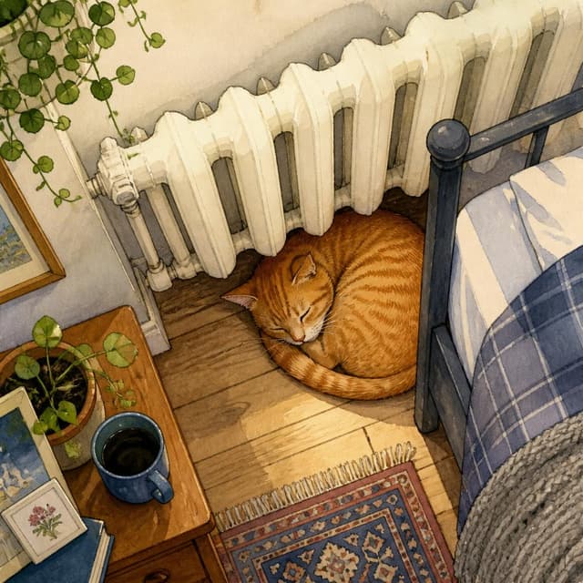 Charming ink and watercolor painting, clean lines, vibrant but soft color palette, storybook style. A photo taken from above, looking down at a small orange cat curled up and sleeping under a white radiator, next to a grey bed frame. The cat looks warm and very comfortable. No people visible. No readable text
Character consistency instruction: preserve these exact recurring appearance details: Marta: gender: Female; age: 42; skin tone: Warm medium-brown; hair color: Black; hair style: Straight and cut to chin length; eye color: Amber-brown; clothing: A navy blue cardigan worn over a simple striped shirt and dark trousers.; other features: She often carries a practical canvas shoulder bag and has a gentle, approachable expression. Do not add readable text unless the prompt explicitly asks for visible text.