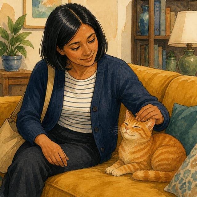 Charming ink and watercolor painting, clean lines, vibrant but soft color palette, storybook style. A photo of a woman's hand — warm medium-brown skin — gently stroking a small orange cat that is now sitting on a sofa cushion, eyes half-closed and content. A navy cardigan sleeve is visible. The sofa is a warm mustard colour. No text visible
Character consistency instruction: preserve these exact recurring appearance details: Marta: gender: Female; age: 42; skin tone: Warm medium-brown; hair color: Black; hair style: Straight and cut to chin length; eye color: Amber-brown; clothing: A navy blue cardigan worn over a simple striped shirt and dark trousers.; other features: She often carries a practical canvas shoulder bag and has a gentle, approachable expression. Do not add readable text unless the prompt explicitly asks for visible text.