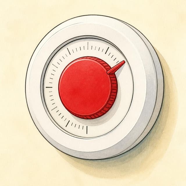 Charming ink and watercolor painting, clean lines, vibrant but soft color palette, storybook style. A close-up photo of a round white wall thermostat with a red dial turned all the way up to the maximum setting. The wall behind it is plain cream-coloured. No other readable text.