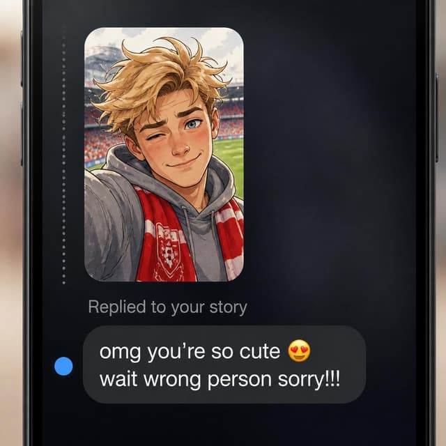 Charming ink and watercolor painting, clean lines, vibrant but soft color palette, storybook style. A phone screen screenshot of a messaging app story reply notification. Visible text: "omg you're so cute 😍 wait wrong person sorry!!!". No other readable text
Character consistency instruction: preserve these exact recurring appearance details: Liam: gender: Male; age: 18; skin tone: Pale; hair color: Sandy-blond; hair style: Messy and wind-swept; eye color: Blue-gray; clothing: A gray hoodie and a vibrant red football scarf.; other features: One raised eyebrow and a cheeky expression. Do not add readable text unless the prompt explicitly asks for visible text.
