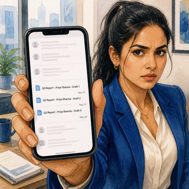 Charming ink and watercolor painting, clean lines, vibrant but soft color palette, storybook style. A close-up photo of a phone screen showing a long email thread and document timestamps, held in the hand of a woman with tan skin and dark eyes, cobalt-blue blazer sleeve visible. The documents show a clear list of files with dates. Visible text: 'Q3 Report - Priya Sharma - Draft 1, Draft 2, Draft 3'. No other readable text
Character consistency instruction: preserve these exact recurring appearance details: Priya: gender: Female; age: 32; skin tone: Tan; hair color: Black; hair style: Long, pulled up in a high ponytail; eye color: Dark brown; clothing: A cobalt-blue blazer worn over a cream-colored silk blouse.; other features: Confident posture with a slightly tense, focused facial expression. Do not add readable text unless the prompt explicitly asks for visible text.