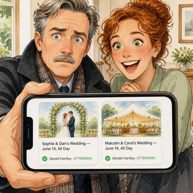 Charming ink and watercolor painting, clean lines, vibrant but soft color palette, storybook style. A phone screenshot showing two side-by-side calendar event entries, both on 'June 14'. The left entry reads: Visible text: "Sophie & Dan's Wedding — June 14, All Day ✓ Gerald Hartley: ATTENDING" and the right entry reads: Visible text: "Malcolm & Carol's Wedding — June 14, All Day ✓ Gerald Hartley: ATTENDING". No other readable text
Character consistency instruction: preserve these exact recurring appearance details: Gerald: gender: Male; age: Late 50s; skin tone: Fair; hair color: Salt-and-pepper; hair style: Swept back neatly; eye color: Pale blue; clothing: A charcoal peacoat and a patterned wool scarf over a sharp dress shirt and dark trousers.; other features: Neatly trimmed mustache; often seen holding a smartphone at arm's length with a flustered expression. Sophie: gender: Female; age: Late 20s; skin tone: Fair and freckled; hair color: Auburn; hair style: Curly, pulled into a loose bun; eye color: Bright green; clothing: A soft sage green blouse and small pearl earrings.; other features: A wide, warm smile and a very excited demeanor. Do not add readable text unless the prompt explicitly asks for visible text.