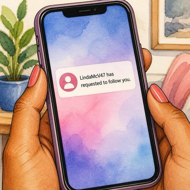 Charming ink and watercolor painting, clean lines, vibrant but soft color palette, storybook style. A close-up photo of a phone screen showing a social media follower request notification. Visible text: 'LindaMcV47 has requested to follow you.' No other readable text. The phone is held by hands with golden-brown skin and painted nails.