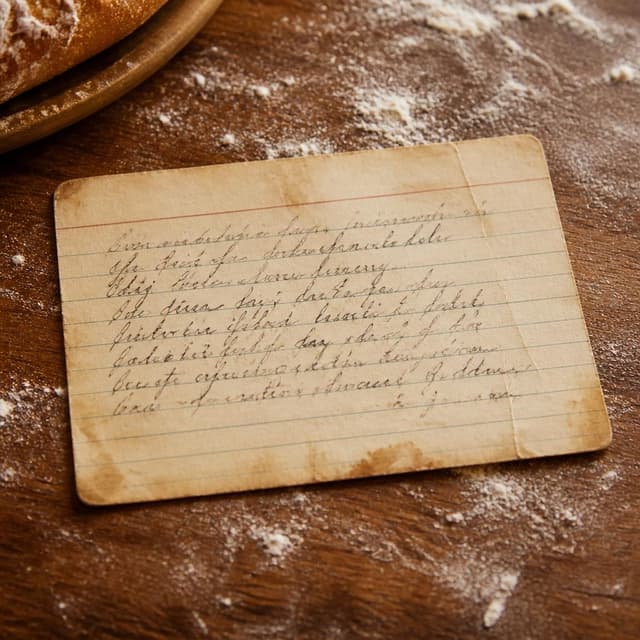 Charming ink and watercolor painting, clean lines, vibrant but soft color palette, storybook style. A close-up photo taken by someone's phone of a small, worn index card resting on a wooden bakery counter dusted with flour. The card has a handwritten recipe on it in faded ink — the handwriting is old and slightly shaky. No other readable text.