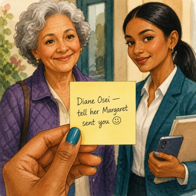 Charming ink and watercolor painting, clean lines, vibrant but soft color palette, storybook style. A close-up photo of a small yellow sticky note held between the fingers of a woman with warm brown skin and neat, manicured nails with teal nail polish. The sticky note has handwritten text on it. Visible text: "Diane Osei — tell her Margaret sent you 😊". No other readable text
Character consistency instruction: preserve these exact recurring appearance details: Margaret: gender: Female; age: Early 70s; skin tone: Light tan; hair color: Gray; hair style: Soft curls; eye color: Bright brown; clothing: A purple quilted jacket over a simple cream-colored blouse.; other features: Warm laugh lines around her eyes and mouth; a kind and professional expression. Priya: gender: Female; age: Late 20s; skin tone: Warm brown; hair color: Black; hair style: Straight hair pulled into a low ponytail; eye color: Dark brown; clothing: A sharp teal blazer over a white shirt and small gold hoop earrings.; other features: Neat, manicured nails with teal nail polish; often carries a smartphone or documents. Do not add readable text unless the prompt explicitly asks for visible text.