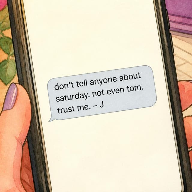 Charming ink and watercolor painting, clean lines, vibrant but soft color palette, storybook style. A close-up photo of a phone screen showing a chat message bubble. Visible text: "don't tell anyone about saturday. not even tom. trust me. – J". No other readable text.