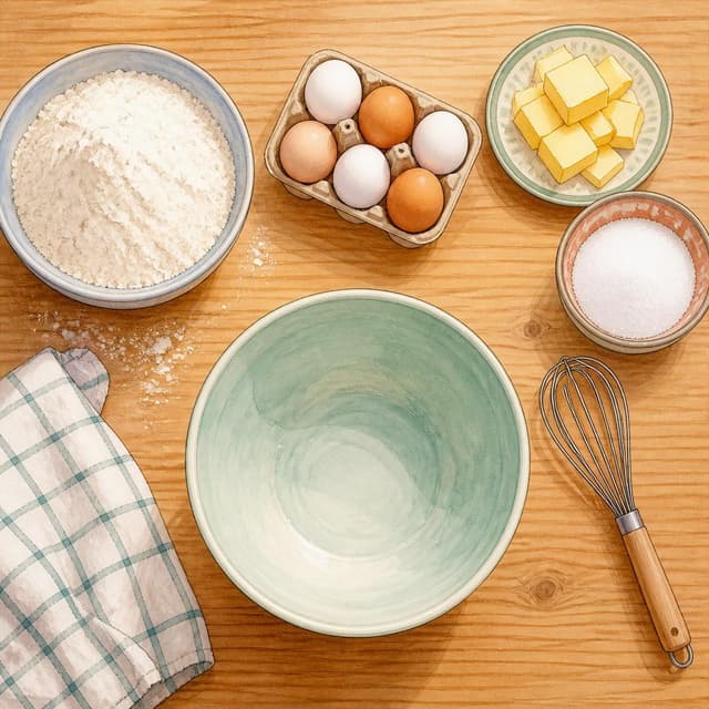 Charming ink and watercolor painting, clean lines, vibrant but soft color palette, storybook style. A photo taken from above of a kitchen counter with flour, eggs, butter, sugar, a mixing bowl, and a small hand whisk arranged neatly. No people visible. Clean blank wooden surface
Character consistency instruction: preserve these exact recurring appearance details: Mia: gender: Female; age: 22; skin tone: Fair; hair color: Copper-red; hair style: Short and curly; eye color: Bright green; clothing: A teal denim jacket over a white t-shirt and round glasses.; other features: Light freckles across the bridge of her nose. Do not add readable text unless the prompt explicitly asks for visible text.