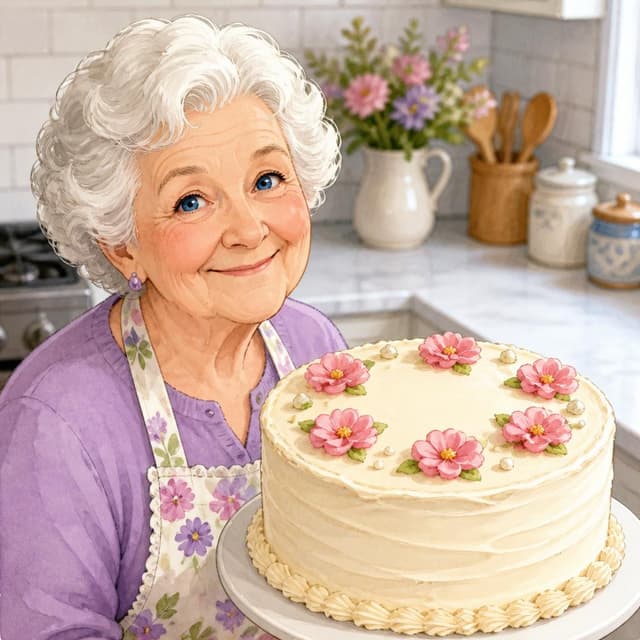 Charming ink and watercolor painting, clean lines, vibrant but soft color palette, storybook style. A close-up photo of a beautiful round cake on a white plate with neat cream frosting and small pink flower decorations on top. No people, no text. Clean kitchen surface
Character consistency instruction: preserve these exact recurring appearance details: Dot: gender: Female; age: 68; skin tone: Pale; hair color: White; hair style: Short and curly; eye color: Warm blue; clothing: A lavender cardigan worn over a floral patterned apron.; other features: A kind, proud smile. Do not add readable text unless the prompt explicitly asks for visible text.