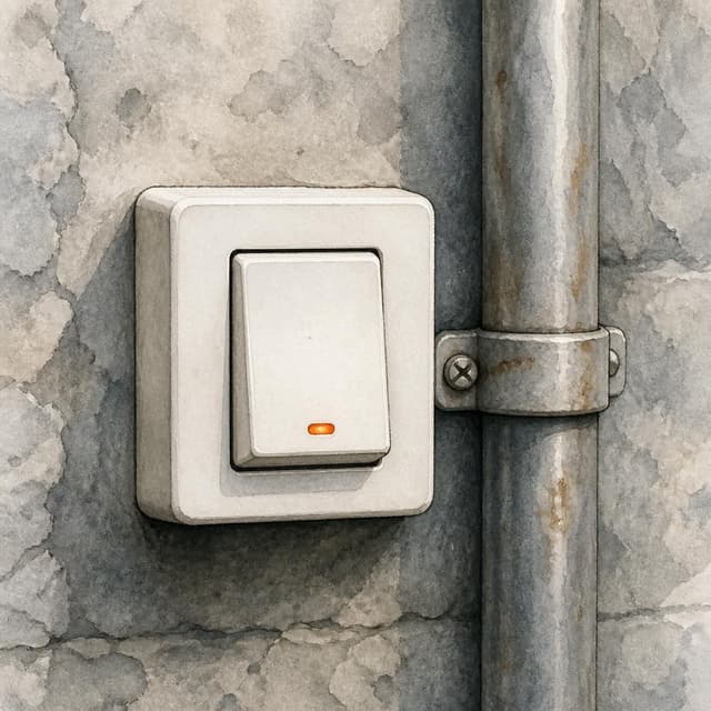 Charming ink and watercolor painting, clean lines, vibrant but soft color palette, storybook style. A close-up photo taken by hand of a small white switch on a grey stone wall, next to a old silver pipe. The switch has a small orange light on it. No readable text. Clean blank wall surface.