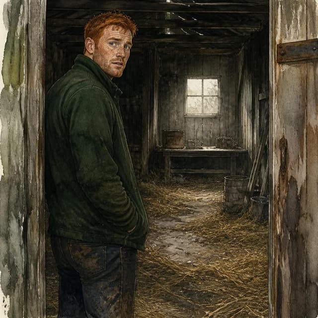 Charming ink and watercolor painting, clean lines, vibrant but soft color palette, storybook style. A photo taken from the doorway of a dark old barn. Wooden walls, hay on the floor, dim grey light coming from a small window. An old wooden workbench is visible at the far end. The barn feels forgotten and quiet. No people. No readable text
Character consistency instruction: preserve these exact recurring appearance details: Finn: gender: Male; age: Early forties; skin tone: Light with freckles; hair color: Red; hair style: Short and slightly unkempt; eye color: Pale green; clothing: Dark green fleece jacket and muddy dark jeans.; other features: Tall build. Looks like he has been outdoors all day. Expression is uncertain and a little lost. Do not add readable text unless the prompt explicitly asks for visible text.