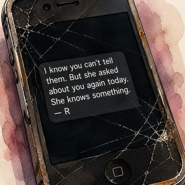 Charming ink and watercolor painting, clean lines, vibrant but soft color palette, storybook style. A close-up screenshot of an old cracked phone screen showing a text message. The screen has a dark background and plain white text. Visible text: "I know you can't tell them. But she asked about you again today. She knows something. — R". No other readable text.