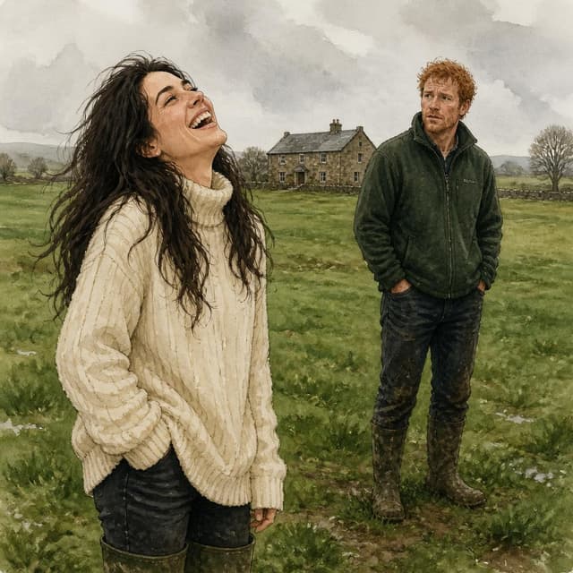 Charming ink and watercolor painting, clean lines, vibrant but soft color palette, storybook style. A photo of a young woman, maybe thirty years old, standing in a wide green field on a grey winter day. She has long dark hair, pale skin, and is laughing with her head tilted back. She wears a thick cream-coloured jumper and muddy boots. Her eyes are a very specific warm brown, striking and familiar. A stone farmhouse is small in the background. No text visible on the image
Character consistency instruction: preserve these exact recurring appearance details: Finn: gender: Male; age: Early forties; skin tone: Light with freckles; hair color: Red; hair style: Short and slightly unkempt; eye color: Pale green; clothing: Dark green fleece jacket and muddy dark jeans.; other features: Tall build. Looks like he has been outdoors all day. Expression is uncertain and a little lost. Do not add readable text unless the prompt explicitly asks for visible text.