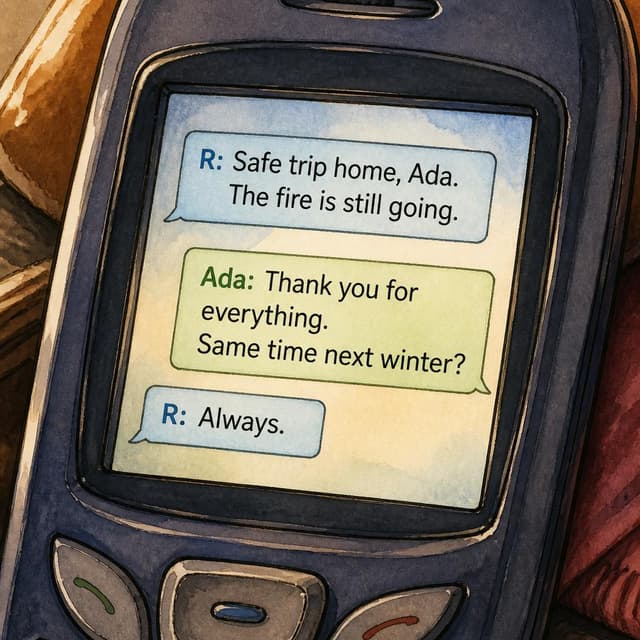 Charming ink and watercolor painting, clean lines, vibrant but soft color palette, storybook style. A close-up photo of an old phone screen showing a short text conversation. Visible text: "R: Safe trip home, Ada. The fire is still going. — Ada: Thank you for everything. Same time next winter? — R: Always." No other readable text.