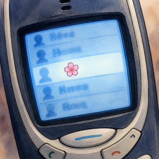 Charming ink and watercolor painting, clean lines, vibrant but soft color palette, storybook style. A close-up photo of an old phone screen showing a simple contacts list. Most entries are blurred out. One entry is clearly visible in the centre of the screen. Visible text: "🌸". No other readable text. The screen has a faint blue glow.
