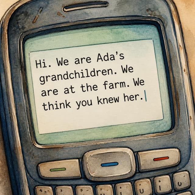 Charming ink and watercolor painting, clean lines, vibrant but soft color palette, storybook style. A close-up photo of an old phone screen showing a text message being composed. The keyboard is just visible at the bottom. Visible text: "Hi. We are Ada's grandchildren. We are at the farm. We think you knew her." No other readable text.
