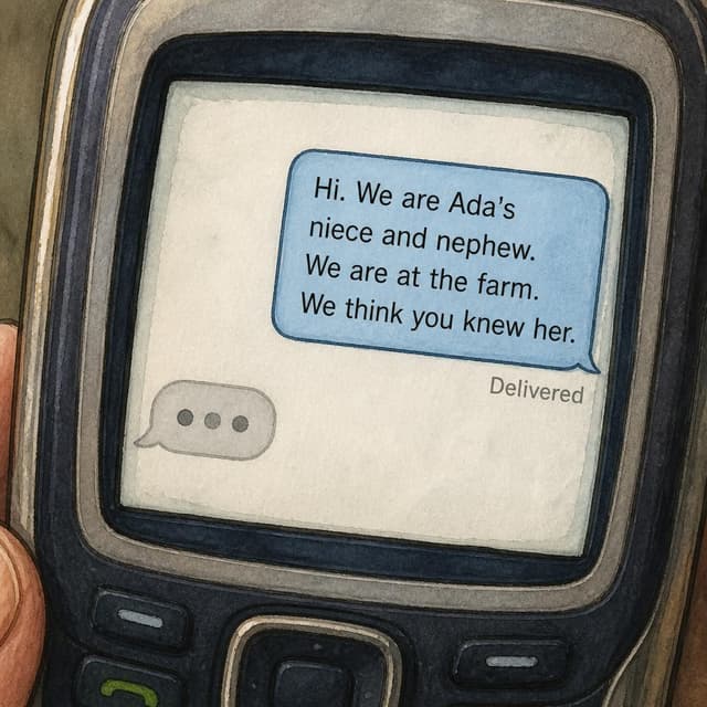 Charming ink and watercolor painting, clean lines, vibrant but soft color palette, storybook style. A close-up photo of an old phone screen showing a simple messaging app. One sent message bubble is visible on the right side of the screen. Visible text: "Hi. We are Ada's niece and nephew. We are at the farm. We think you knew her." Below the bubble, small text reads: "Delivered". On the left side of the screen, a typing indicator shows three animated dots. No other readable text.