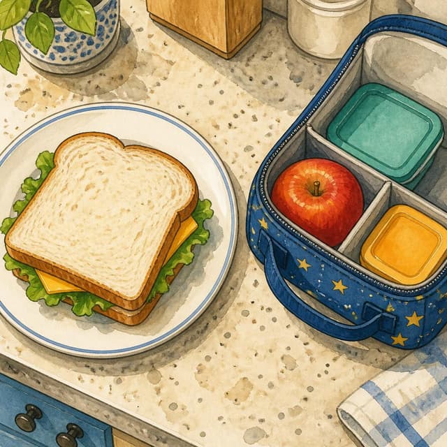 Charming ink and watercolor painting, clean lines, vibrant but soft color palette, storybook style. A close-up photo of a kitchen counter, taken from above. A large white sandwich on a plate sits next to a packed lunch box, clearly forgotten and left behind at home. The sandwich has visible bread, lettuce, and cheese. No other readable text.