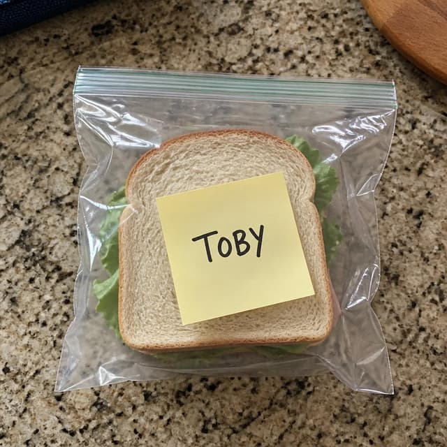Charming ink and watercolor painting, clean lines, vibrant but soft color palette, storybook style. A close-up photo of a sandwich in a clear plastic bag on a kitchen counter, taken from above. A small sticky note is pressed onto the bag. Visible text: "TOBY". No other readable text
Character consistency instruction: preserve these exact recurring appearance details: Toby: gender: Male; age: 17; skin tone: Pale; hair color: Sandy blond; hair style: Messy and loose; eye color: Blue-gray; clothing: A gray hoodie and a red football scarf.; other features: One eyebrow slightly raised, expression often confused or amused. Do not add readable text unless the prompt explicitly asks for visible text.