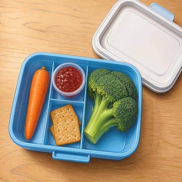 Charming ink and watercolor painting, clean lines, vibrant but soft color palette, storybook style. A close-up photo of an open plastic lunch box on a school table, taken from above. Inside: a single raw carrot, a small pot of strawberry jam, two crackers, and a large piece of broccoli. No sandwich, no drink. The lunch box is light blue with a white lid beside it. No other readable text.