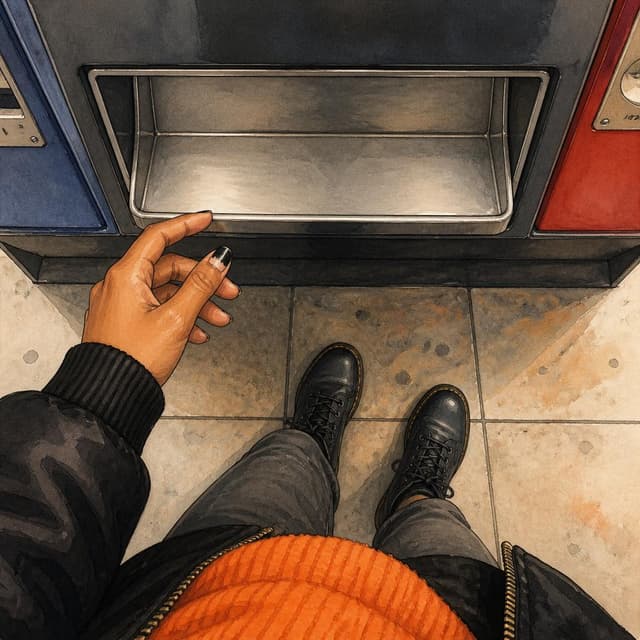 Charming ink and watercolor painting, clean lines, vibrant but soft color palette, storybook style. A close-up photo from a young woman's point of view, looking down at the small silver ticket output tray at the bottom of a large ticket vending machine. The tray is completely empty. The metal surface is clean and bare. Station floor visible below. No other readable text
Character consistency instruction: preserve these exact recurring appearance details: Mia: gender: Female; age: 22; skin tone: Golden-brown; hair color: Black; hair style: Shaved close on one side, longer on top; eye color: Dark brown; clothing: Black bomber jacket, orange knit beanie.; other features: Expressive thick eyebrows. Chipped nail polish. Do not add readable text unless the prompt explicitly asks for visible text.