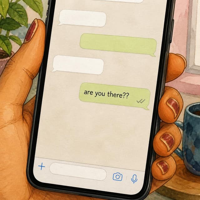 Charming ink and watercolor painting, clean lines, vibrant but soft color palette, storybook style. A close-up photo of a phone screen showing a chat conversation. The last message sent reads 'are you there??' with two small grey double-tick marks next to it, indicating the message is read but not replied to. The screen shows no new reply below. The phone is held by a hand with golden-brown skin and chipped nail polish. No other readable text.