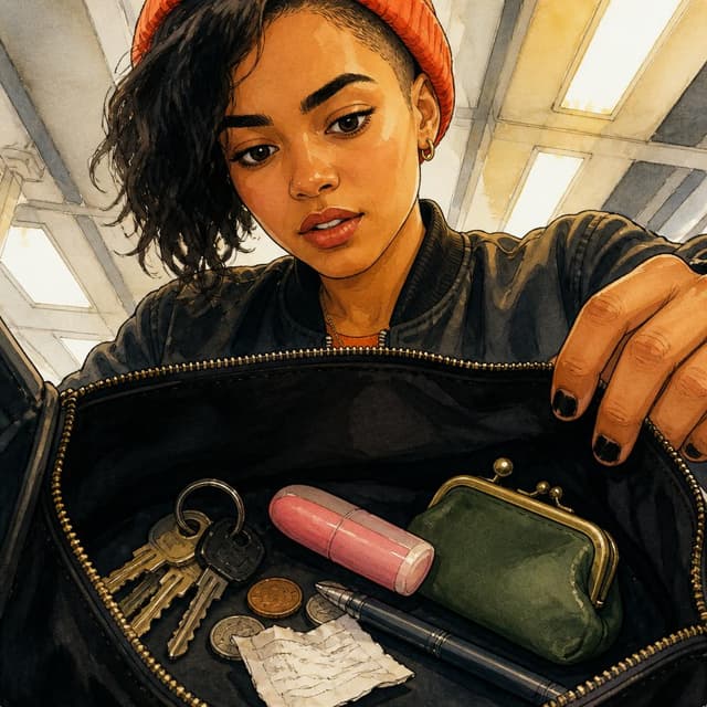 Charming ink and watercolor painting, clean lines, vibrant but soft color palette, storybook style. A close-up photo taken by a young woman looking down into an open black bag. Inside the bag: a set of keys, a small pink lip balm, a few coins, a crumpled receipt, a pen, a green coin purse. No train ticket visible. Overhead station lighting. No other readable text
Character consistency instruction: preserve these exact recurring appearance details: Mia: gender: Female; age: 22; skin tone: Golden-brown; hair color: Black; hair style: Shaved close on one side, longer on top; eye color: Dark brown; clothing: Black bomber jacket, orange knit beanie.; other features: Expressive thick eyebrows. Chipped nail polish. Do not add readable text unless the prompt explicitly asks for visible text.