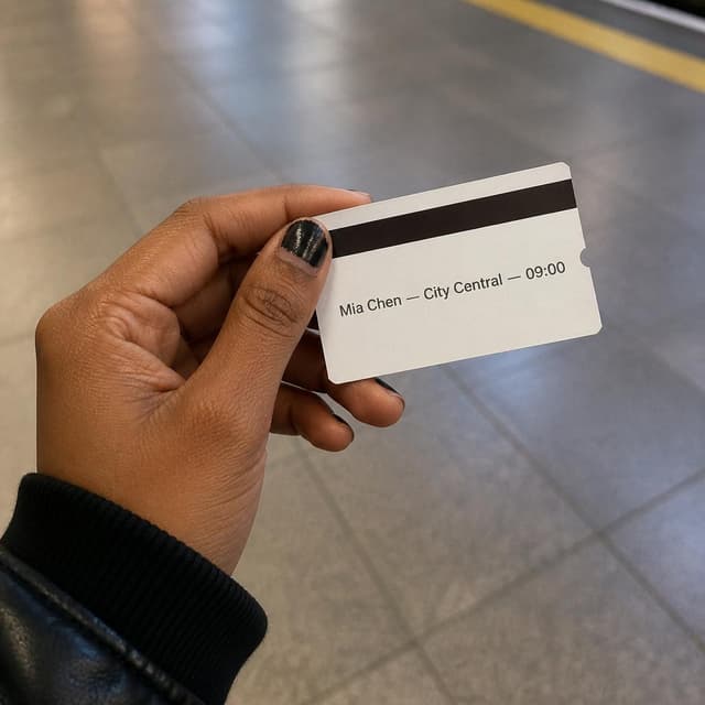 Charming ink and watercolor painting, clean lines, vibrant but soft color palette, storybook style. A close-up photo of a hand with warm medium-brown skin holding a small paper train ticket. The ticket is white with a dark stripe. Visible text: "Mia Chen — City Central — 09:00". The background is a blurred station floor. No other readable text
Character consistency instruction: preserve these exact recurring appearance details: Mia: gender: Female; age: 22; skin tone: Golden-brown; hair color: Black; hair style: Shaved close on one side, longer on top; eye color: Dark brown; clothing: Black bomber jacket, orange knit beanie.; other features: Expressive thick eyebrows. Chipped nail polish. Do not add readable text unless the prompt explicitly asks for visible text.