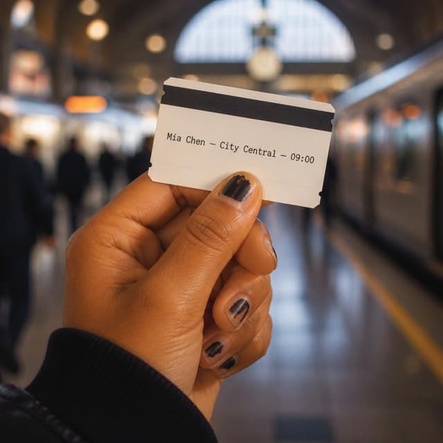 Charming ink and watercolor painting, clean lines, vibrant but soft color palette, storybook style. A close-up photo of a hand with golden-brown skin and chipped nail polish holding a small white paper train ticket with a dark stripe. The hand is gripping it tightly. Blurred station background. Visible text: "Mia Chen — City Central — 09:00". No other readable text
Character consistency instruction: preserve these exact recurring appearance details: Mia: gender: Female; age: 22; skin tone: Golden-brown; hair color: Black; hair style: Shaved close on one side, longer on top; eye color: Dark brown; clothing: Black bomber jacket, orange knit beanie.; other features: Expressive thick eyebrows. Chipped nail polish. Do not add readable text unless the prompt explicitly asks for visible text.